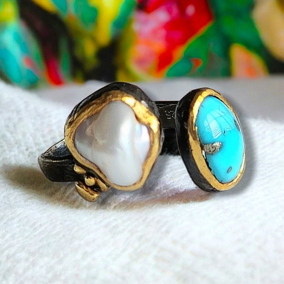 🆕️Genuine Pearl & Turquoise Ring | 925 Silver 24K Gold & Rhodium Plated 🌟 - Picture 8 of 16